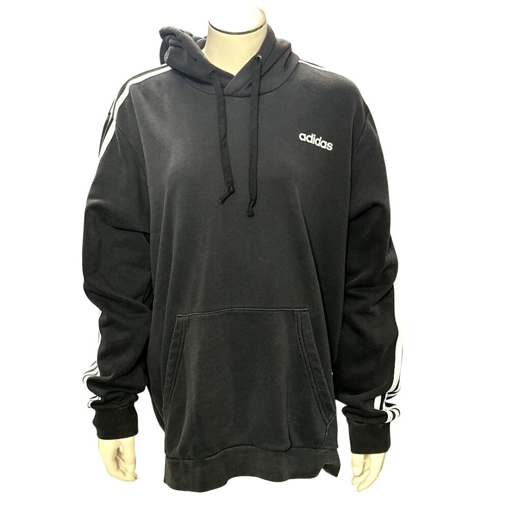 Adidas Black Hoodie White Stripes Kangaroo Pocket Drawstring Size Large Unisex - Picture 3 of 14